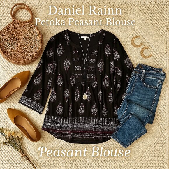 Daniel Rainn Tops - NWT Daniel Rainn Petoka Split-Neck Knit Peasant Blouse Pleated Crochet Black XXL